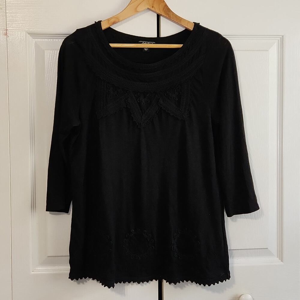 Lucky Brand Women's Black Crocheted/Lace 3/4 Sleeve Burnout Top Size SM Academia